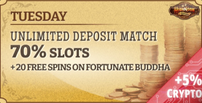 Get 20 Free Spins and A 70% Unlimited Match Bonus Weekly At High Noon Casino